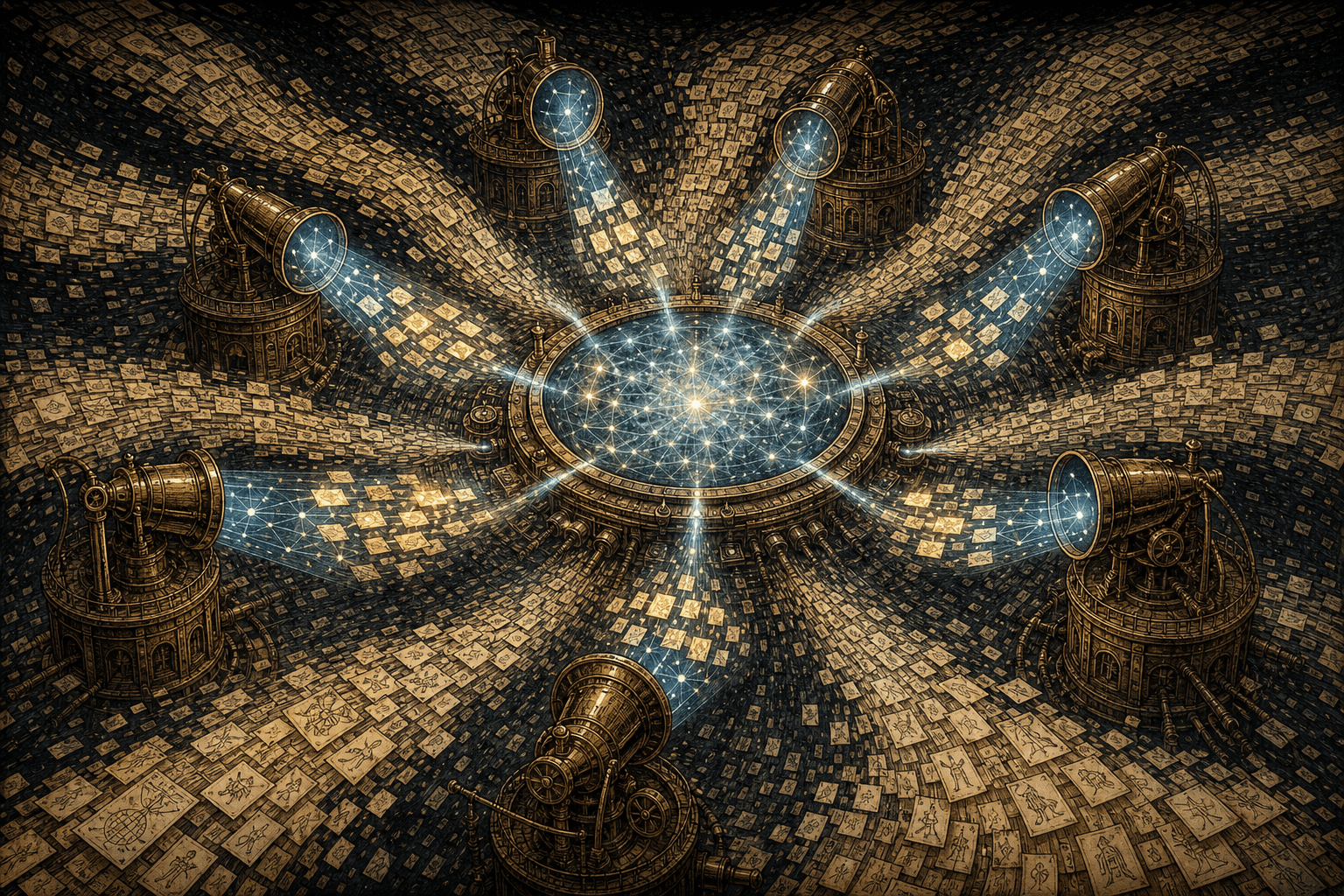 A ring of brass lenses selects glowing token constellations that combine into one central memory map.