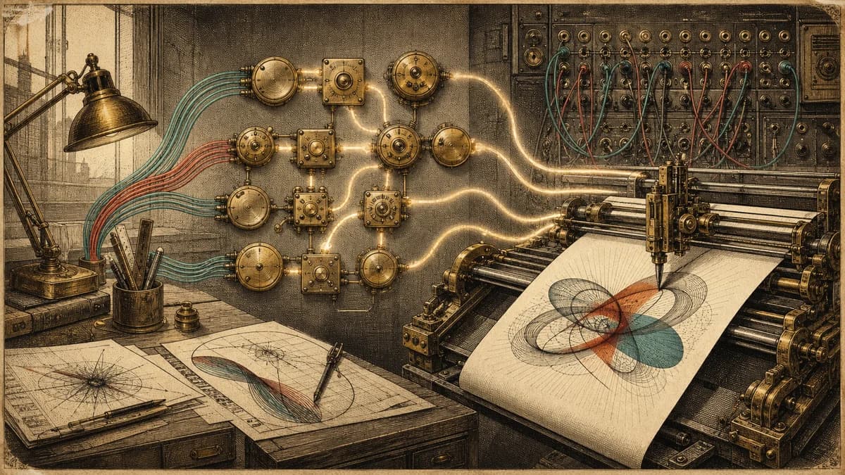 Modular brass nodes and cables drive a plotter drawing abstract forms on paper.