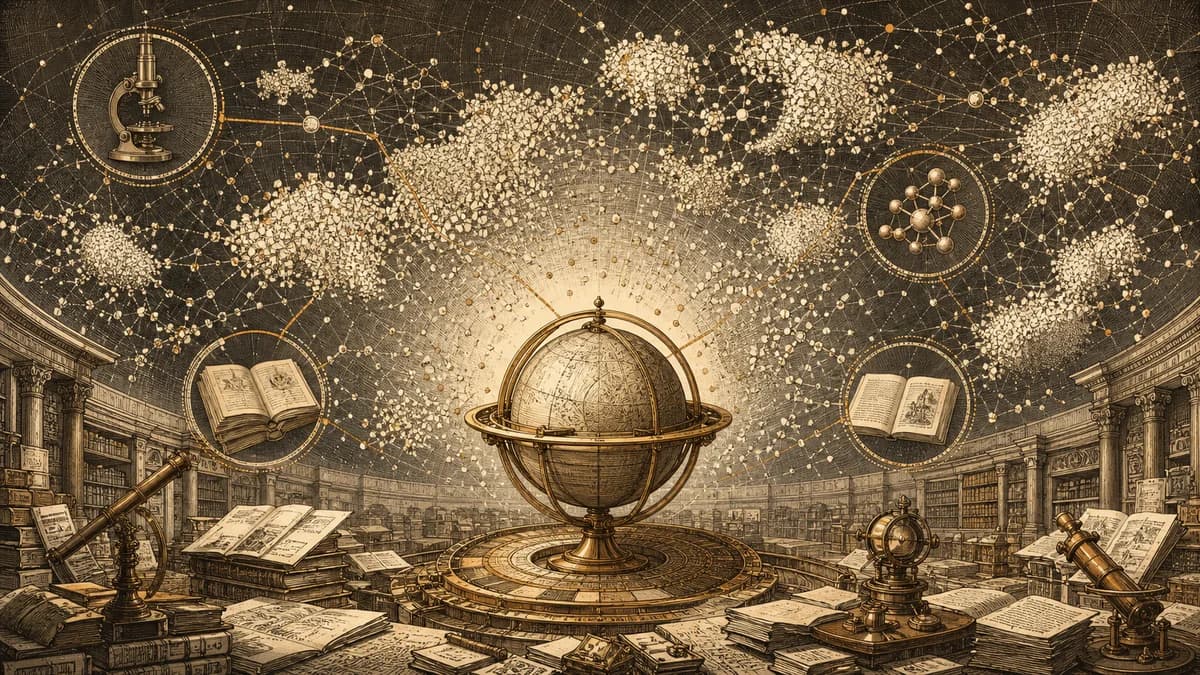 A constellation of paper cards forms a research atlas around a brass globe.