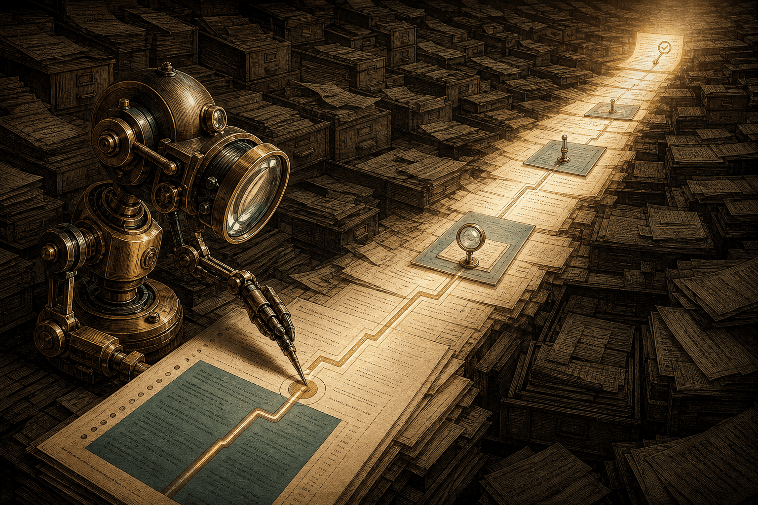 Brass mechanical reviewer follows a narrow illuminated evidence path through a vast dark archive.