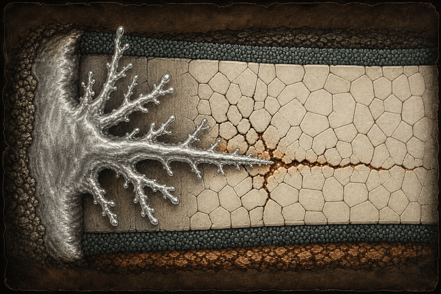 A branching silver lithium filament presses through and fractures an ivory ceramic battery layer.