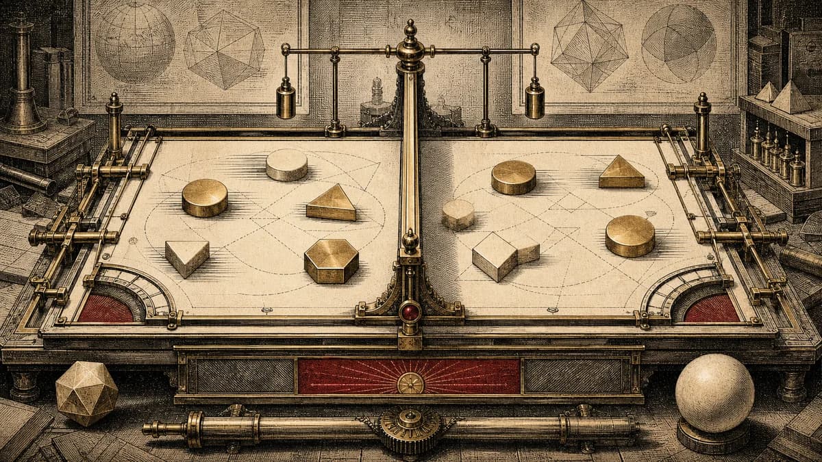 Brass and ivory geometric algebra tokens arranged on a precise transformation table.