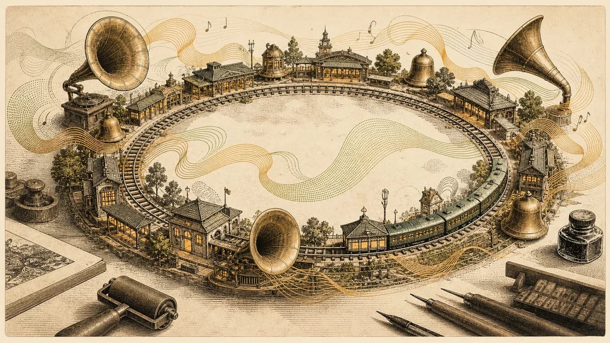 A circular city rail loop is surrounded by bells, horns, and flowing ribbons of sound.