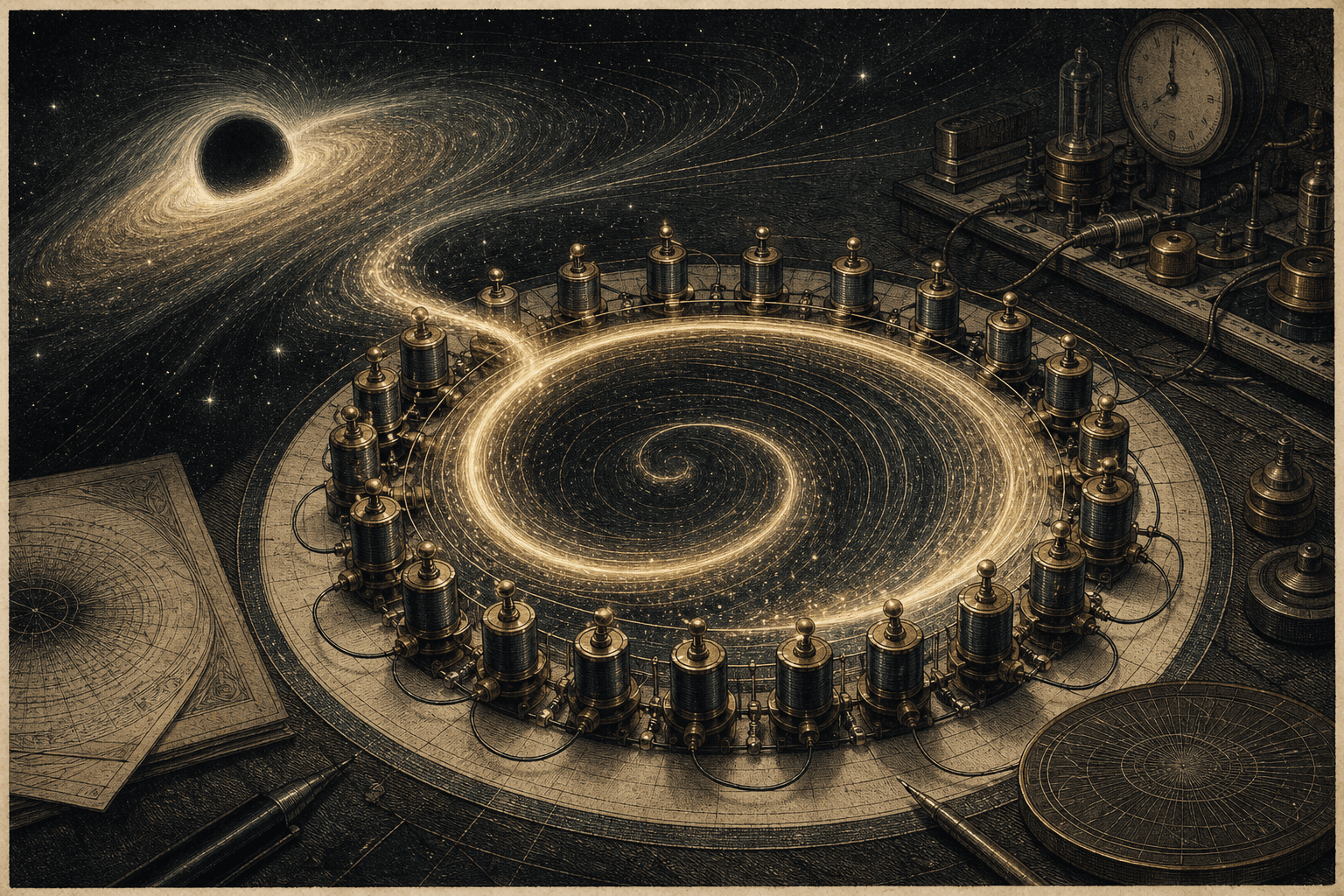 A brass ring of electronic resonators guides a bright spiral wave beneath a distant black-hole motif.