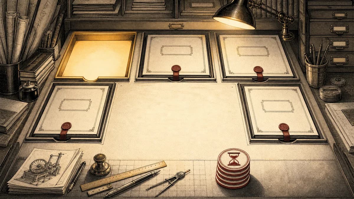 Six portfolio slots surround one illuminated open slot and seven small day markers.