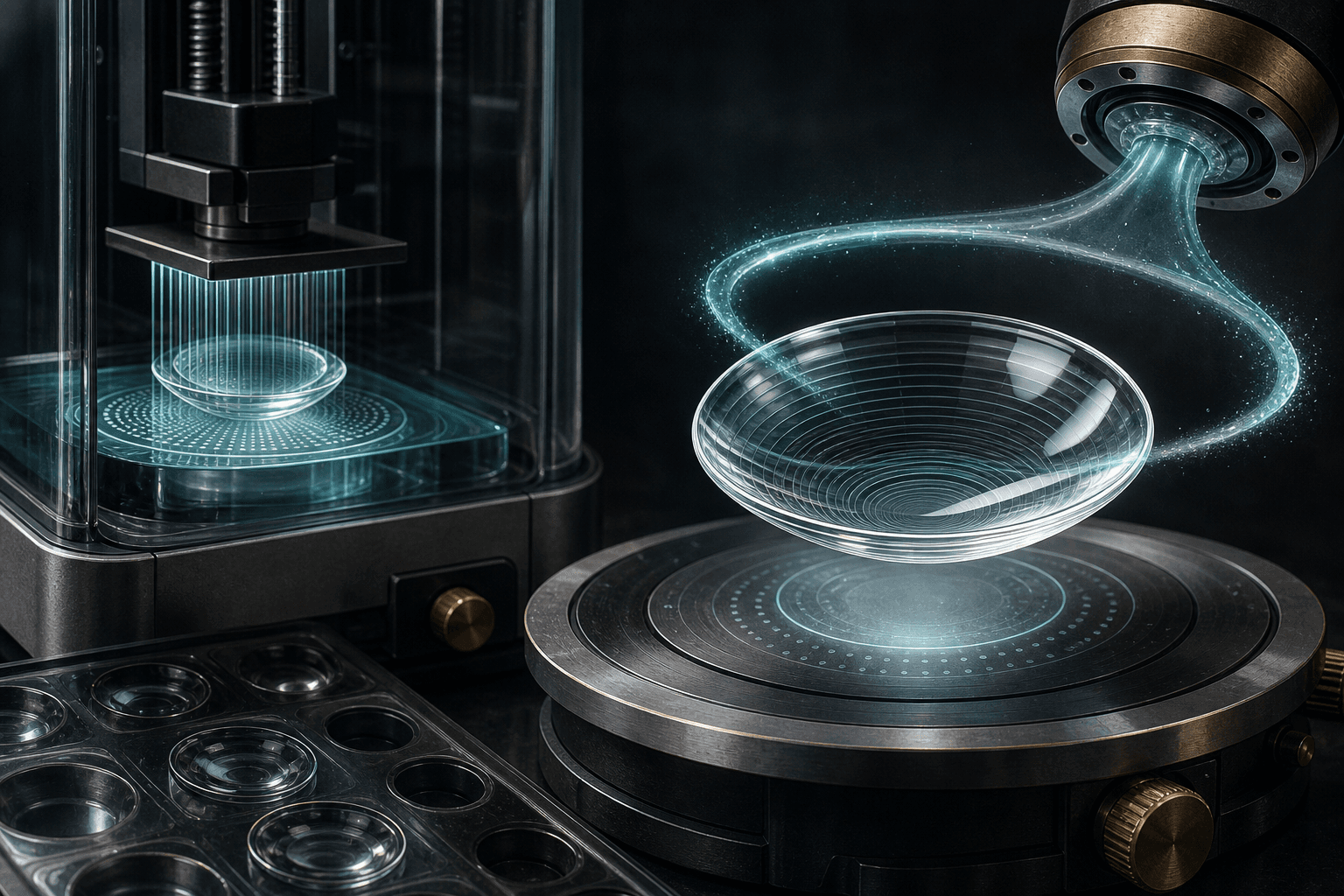 A clear curved contact lens floats above a precision stage beside a compact resin printer and a halo-like coating stream.