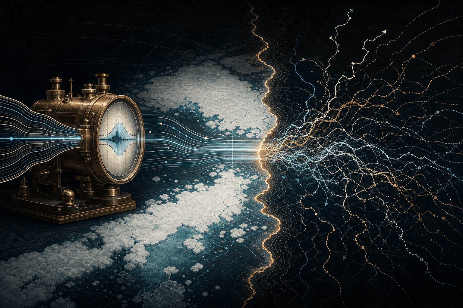 A brass analytical instrument separates orderly signal paths over Arctic sea ice from chaotic branching trajectories.