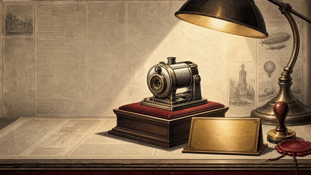 An unnamed prototype device sits under a desk lamp beside a blank placement card.