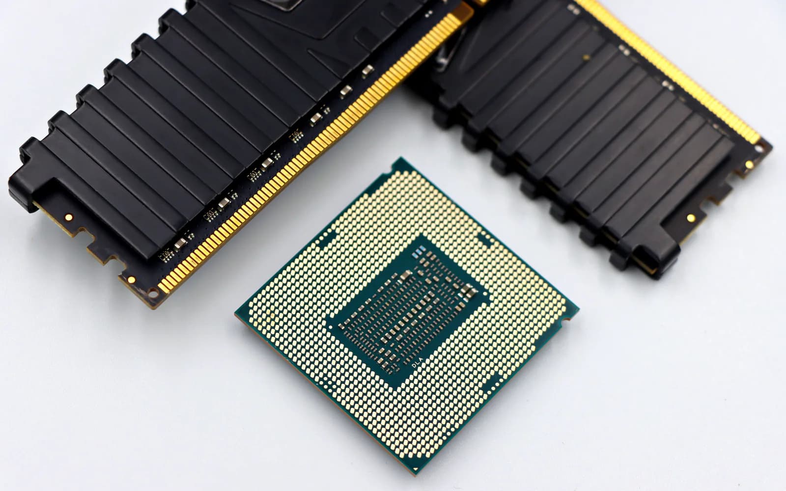 Computer processor and two black memory modules arranged on white.