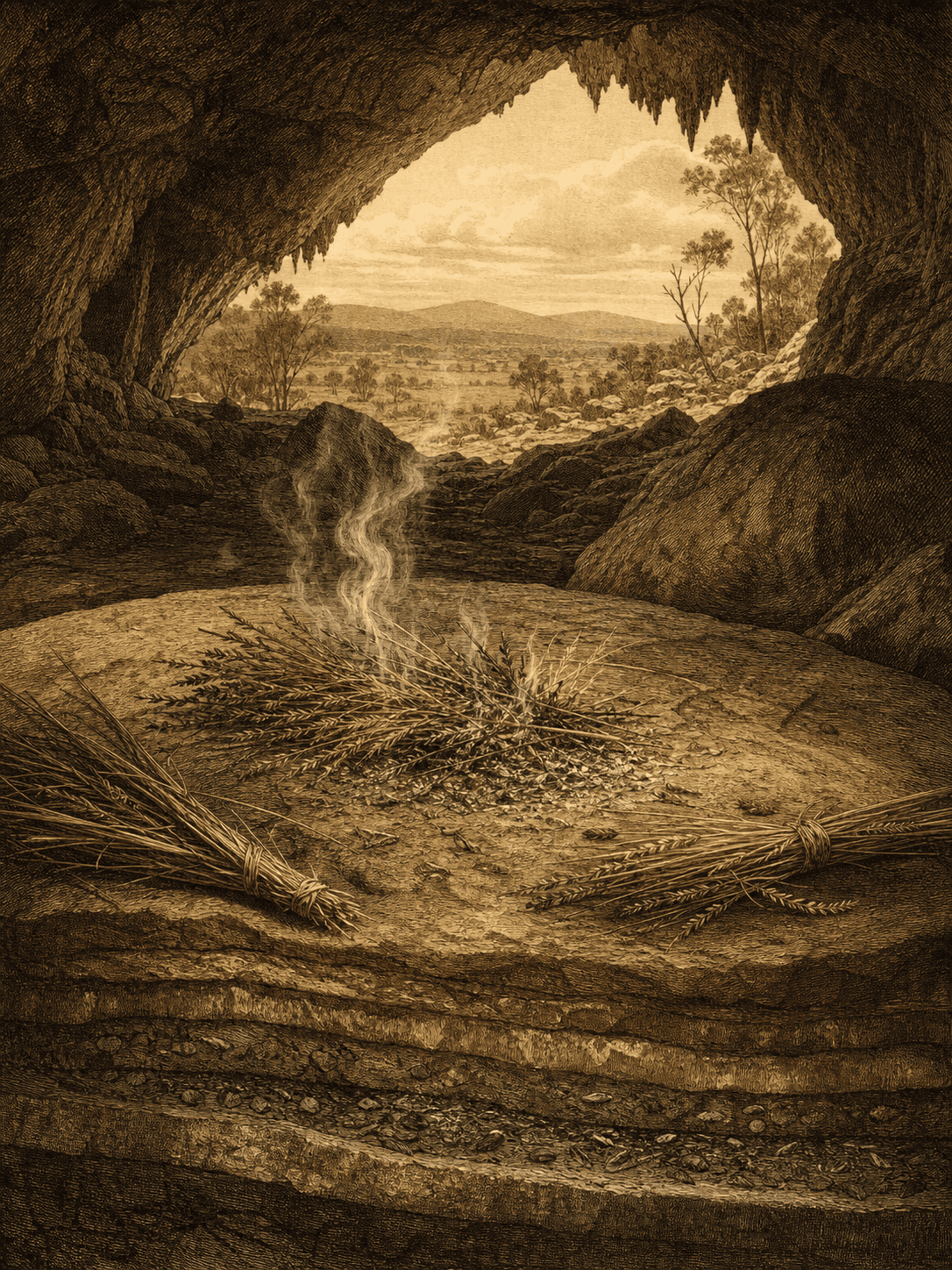 A sepia archaeological engraving shows bundles of grass smoldering on a stone platform inside a layered cave overlooking an Australian landscape.