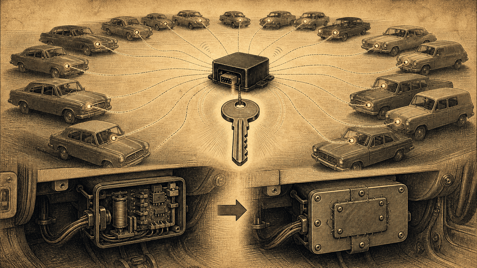 A sepia systems engraving shows rows of unbranded cars connected to one shared key and an under-dashboard module being patched.