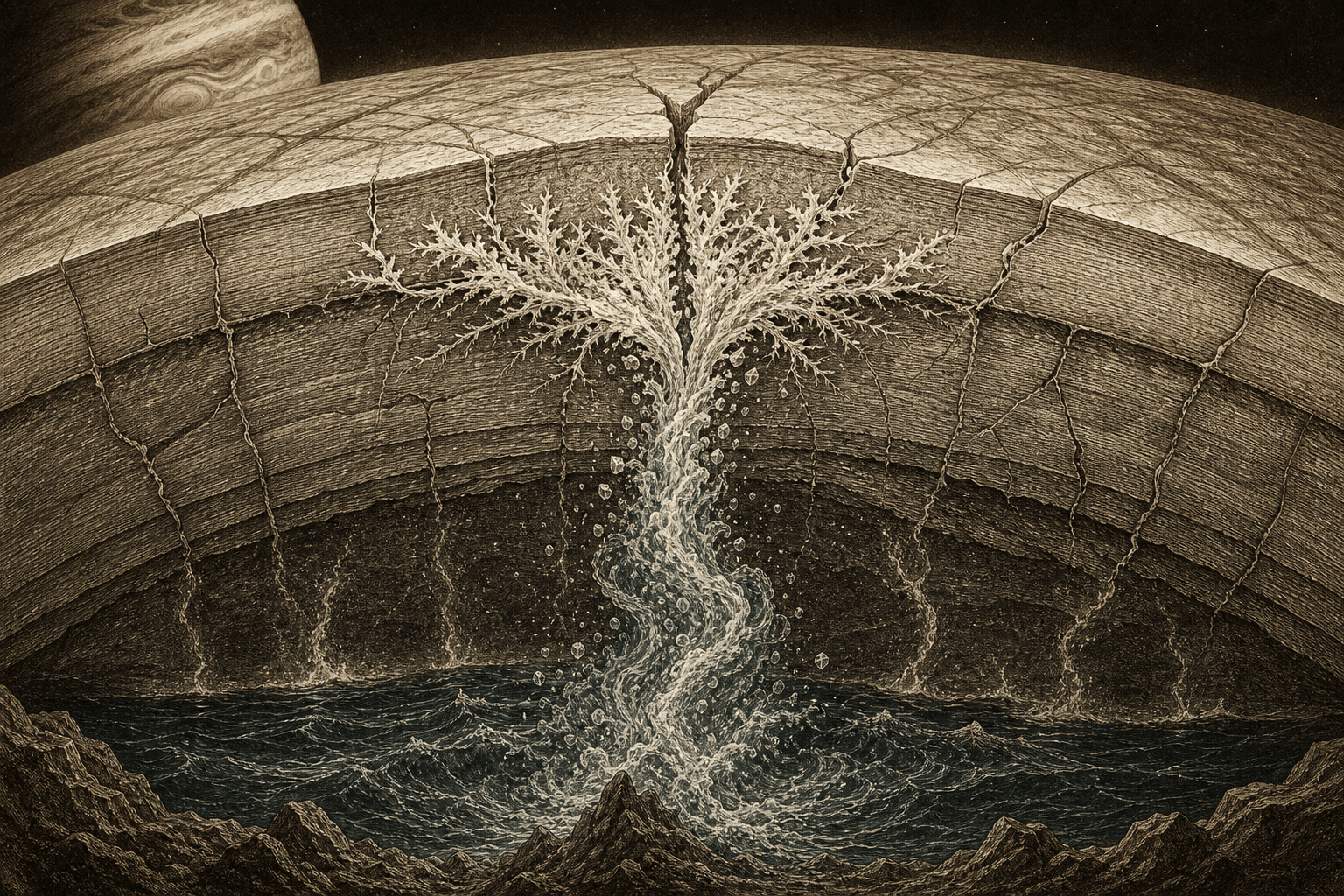 A sepia planetary cutaway shows turbulent water rising from Europa's dark ocean and branching into ice that seals a fracture.