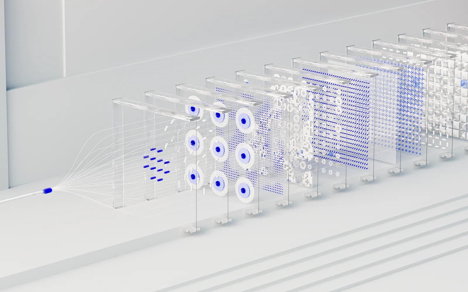 Transparent grid panels and blue nodes receding through a bright white abstract space.