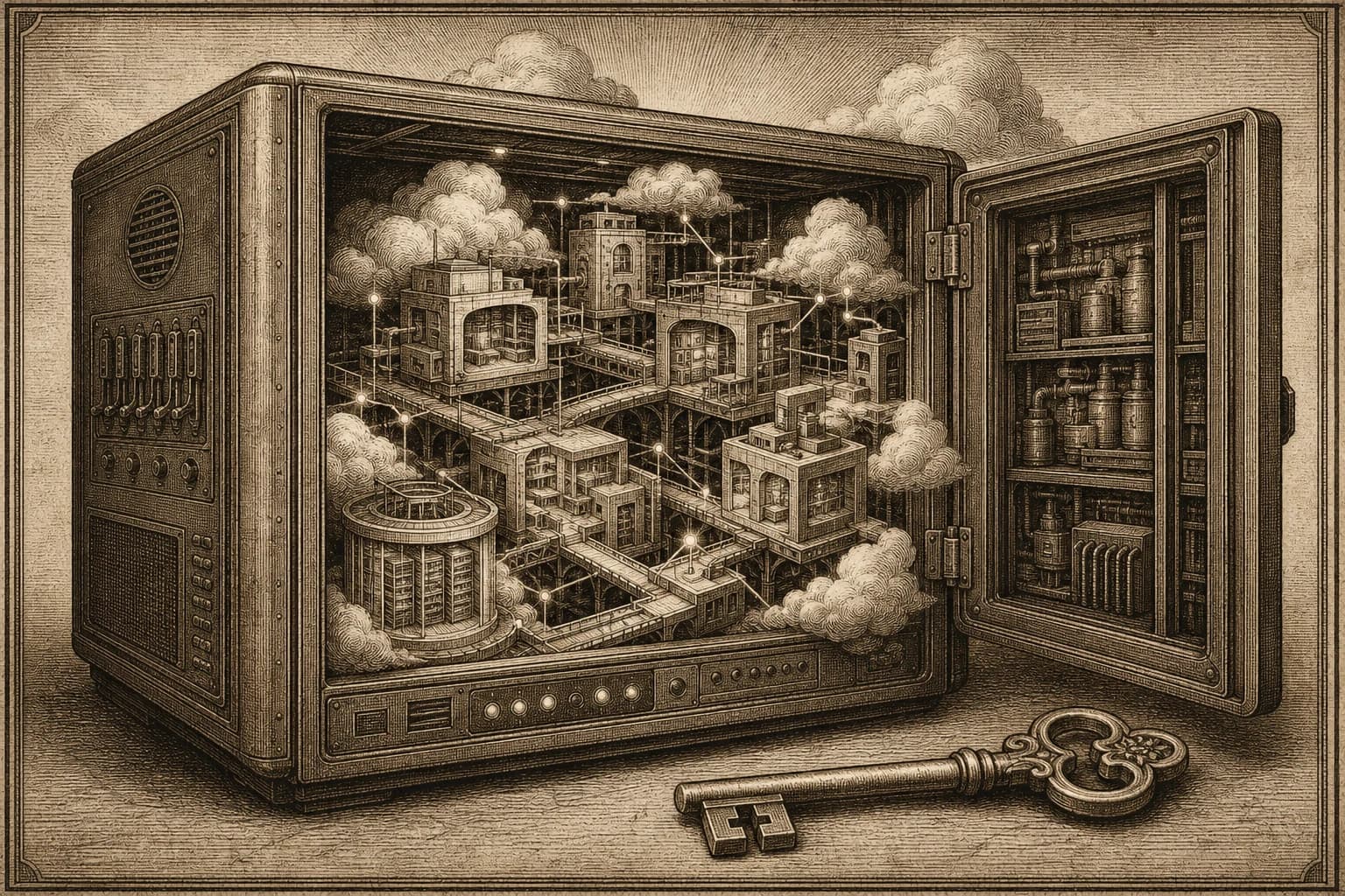 A sepia engraving of an open computer cabinet containing a miniature cloud city, linked by bridges beside an ownership key.