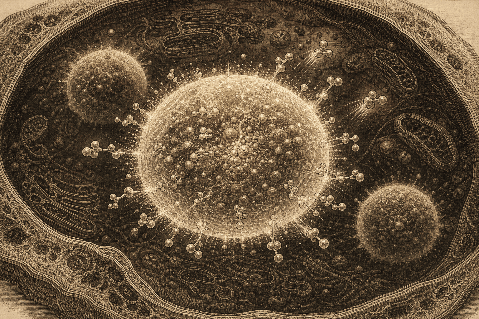 Sepia scientific engraving of a glowing biomolecular droplet inside a cell, with small molecules transforming along its surface.