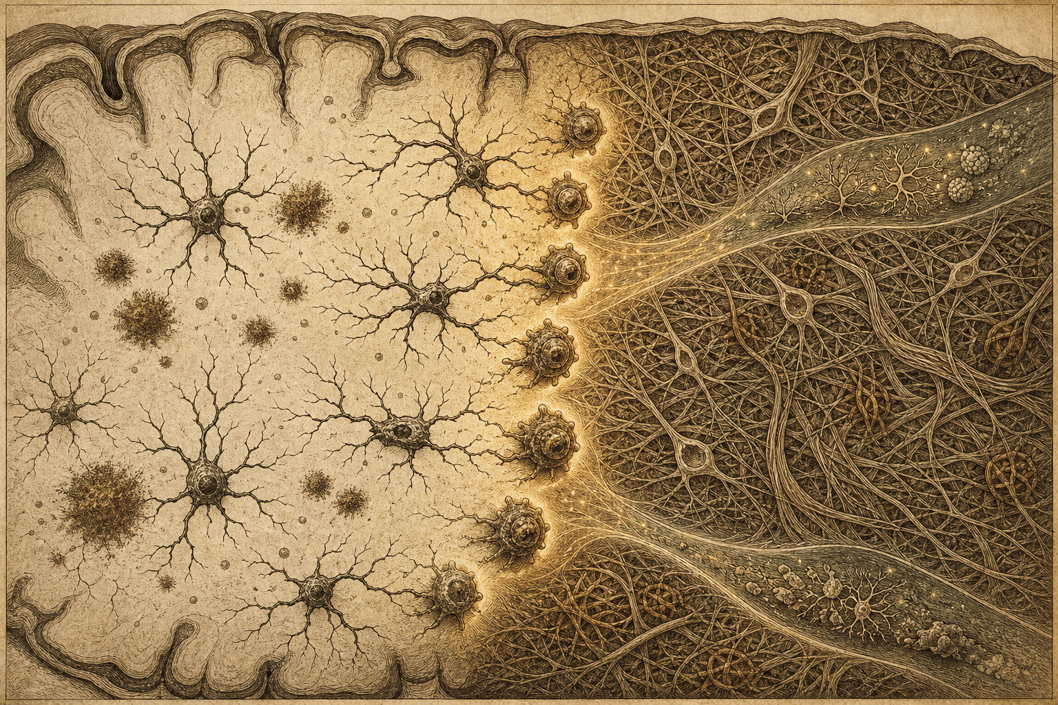Sepia biological engraving of branching microglia changing form at a glowing boundary between plaque-like deposits and tangled fibers.