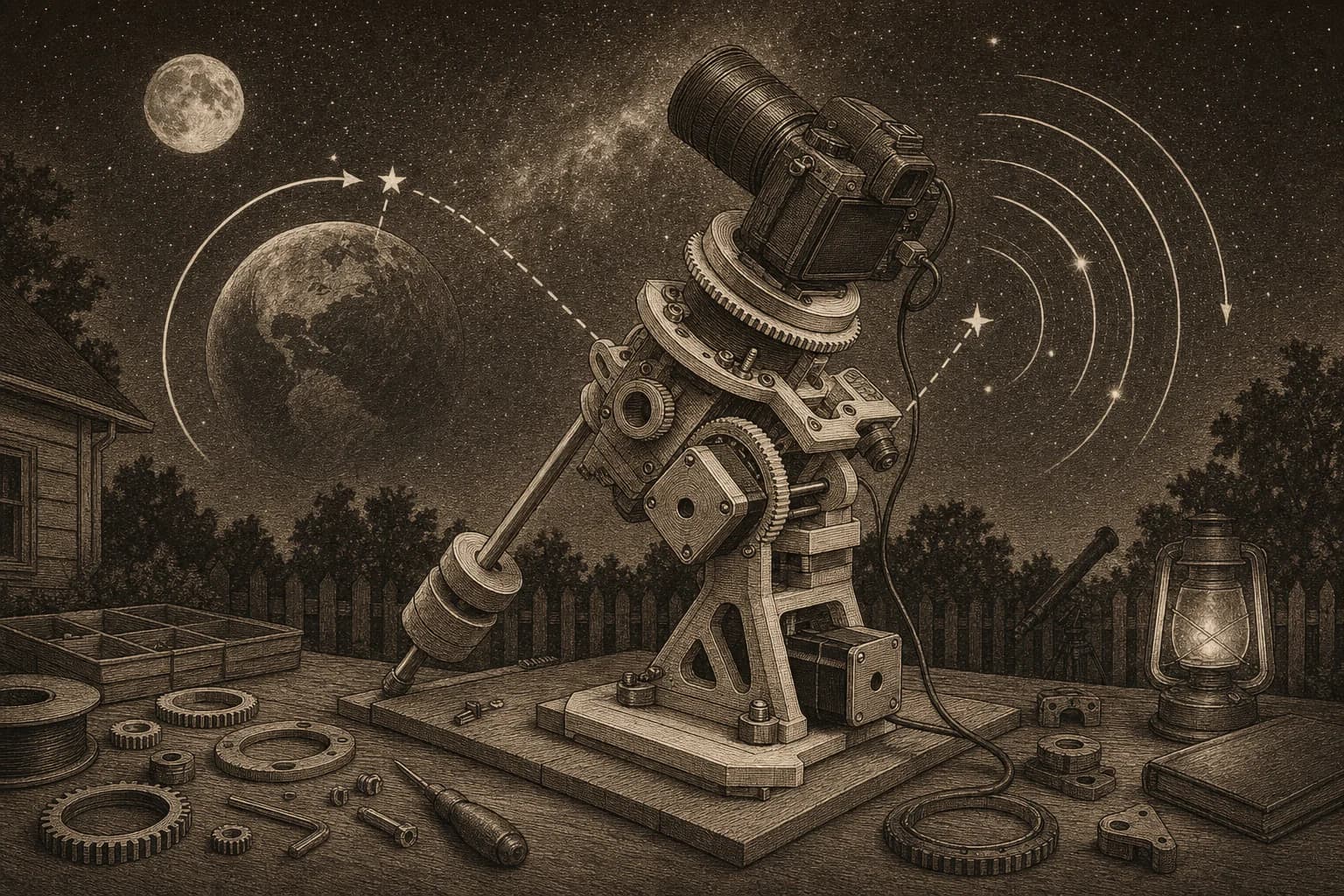 A sepia engraving of a camera on a geared equatorial mount beneath celestial arcs showing the mount countering Earth's rotation.