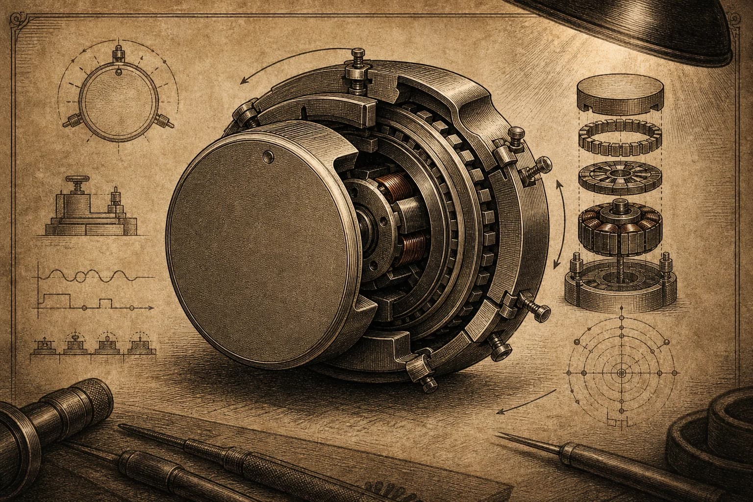 A sepia technical engraving of a haptic rotary control cut away to reveal a motor, magnetic encoder, and adjustable detent rings.