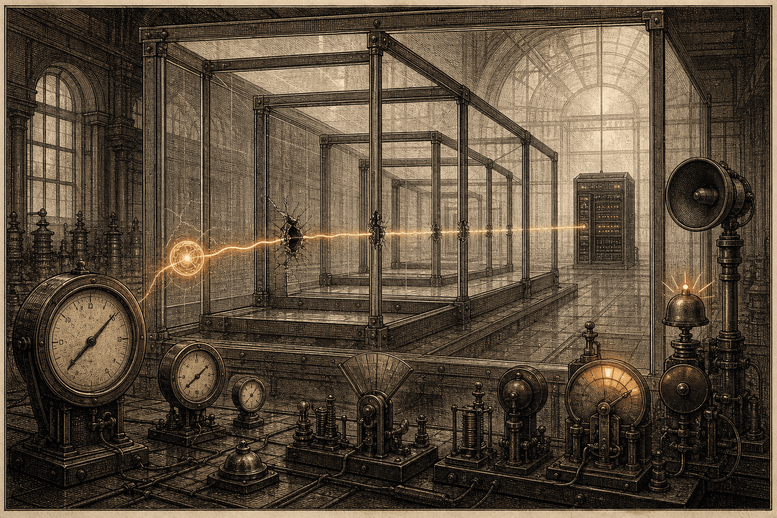 Sepia engraving of nested containment chambers pierced by a glowing signal thread as mechanical alarms wake beyond them.