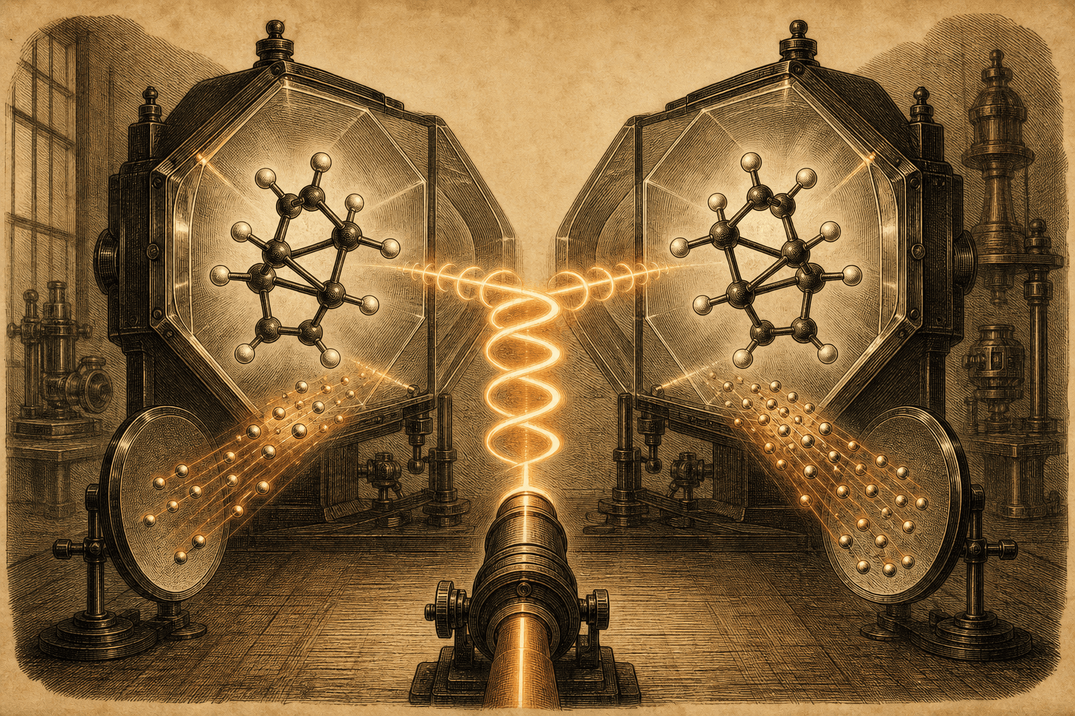 Sepia engraving of a corkscrew laser beam meeting mirrored molecular forms and releasing different constellations of ion fragments.