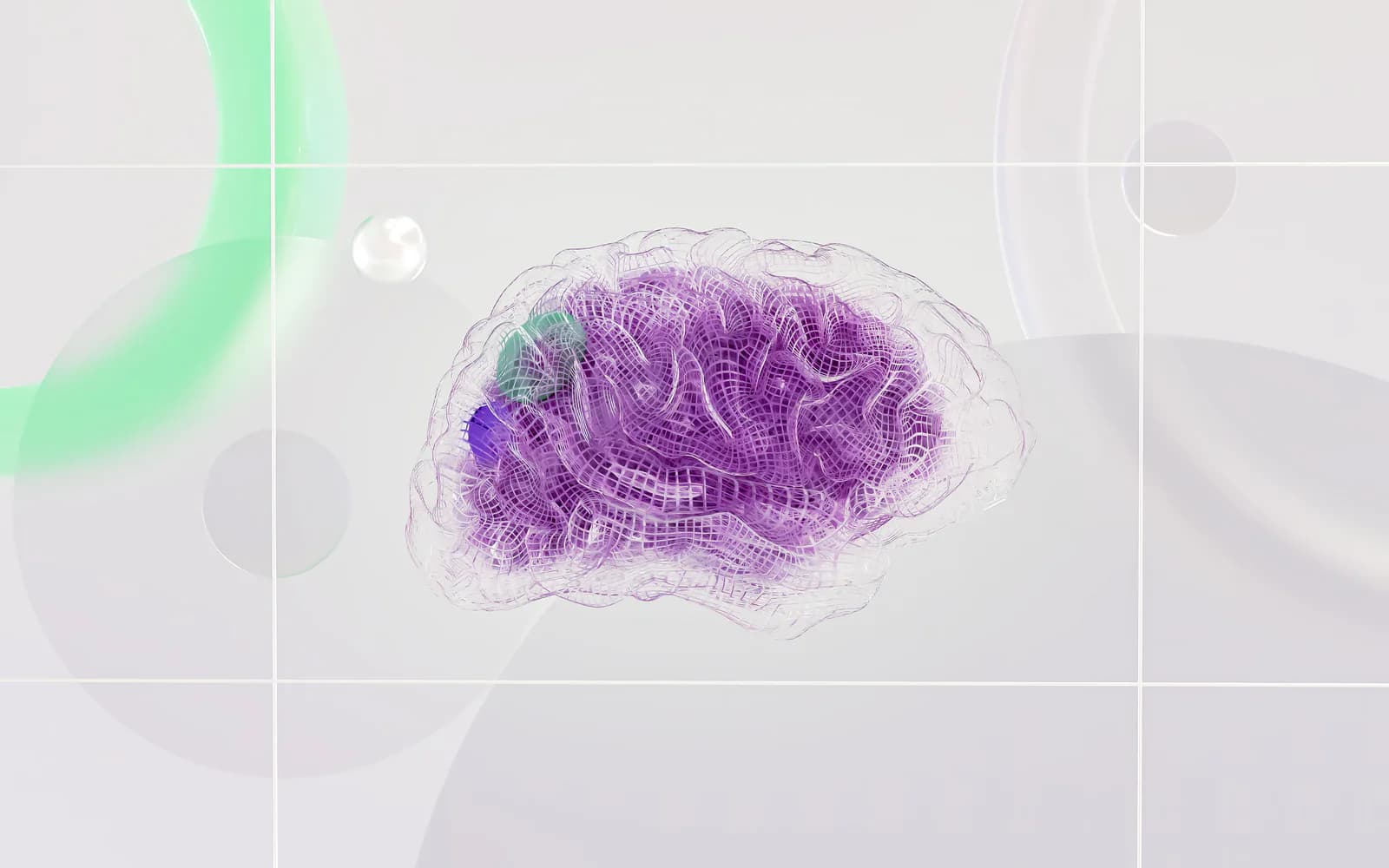 Purple brain-like mesh floating within a pale green and white geometric grid.