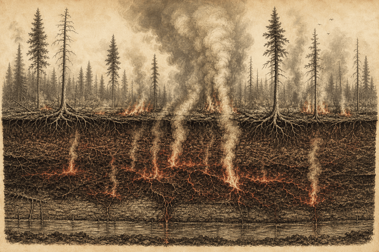 Sepia forest cutaway with modest surface flames above deep, glowing peat and soil fissures releasing smoke.