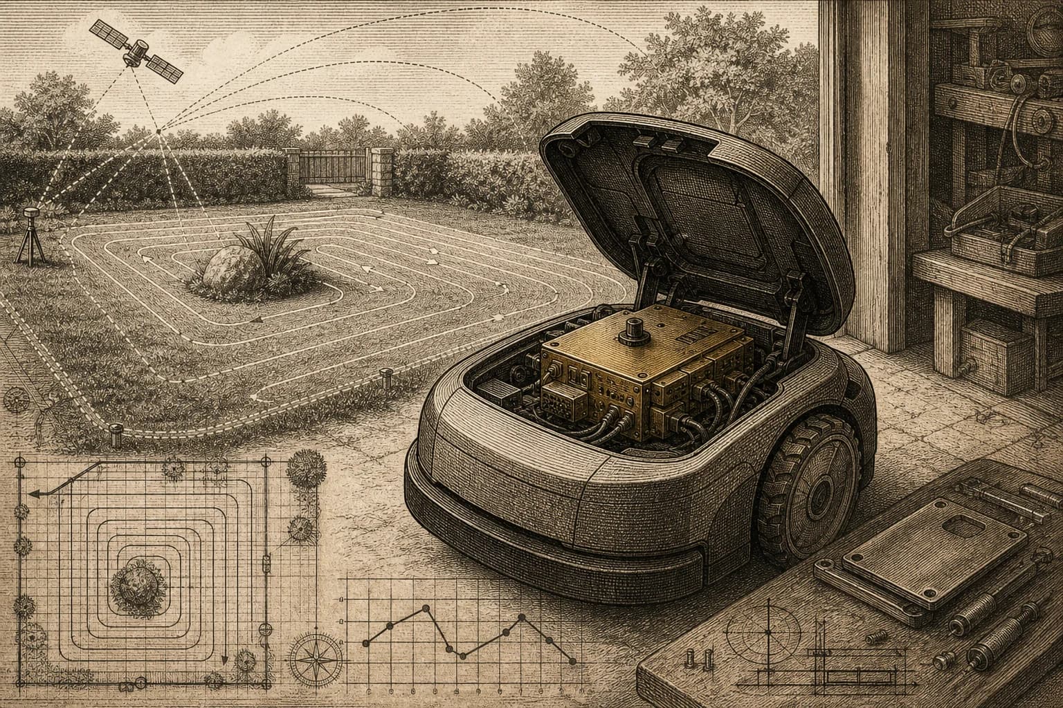 A sepia engraving of an unbranded robotic mower with its replacement control cabinet exposed beside a mapped lawn and satellite-guidance paths.