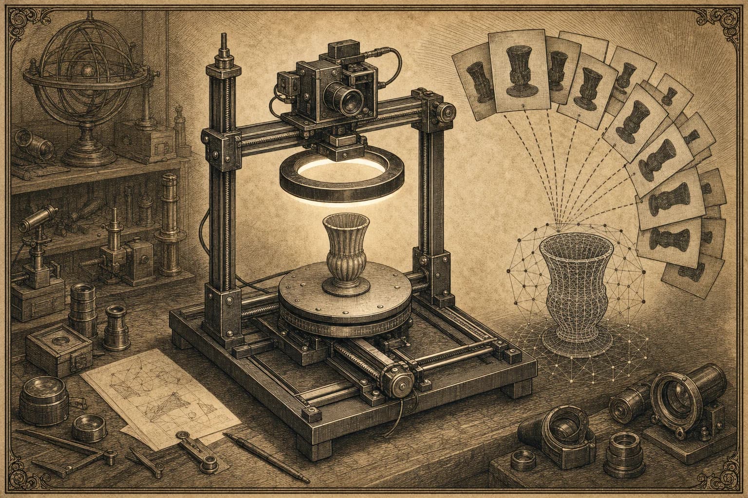 A sepia engraving of a motorized photogrammetry rig photographing a small object from many angles and assembling a wireframe model.