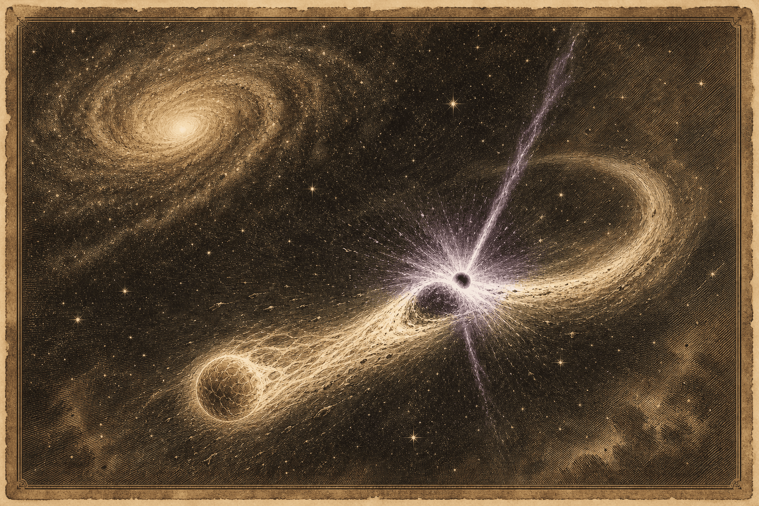 Sepia engraving of a star stretched around an off-center black hole while its distant host galaxy glows separately.